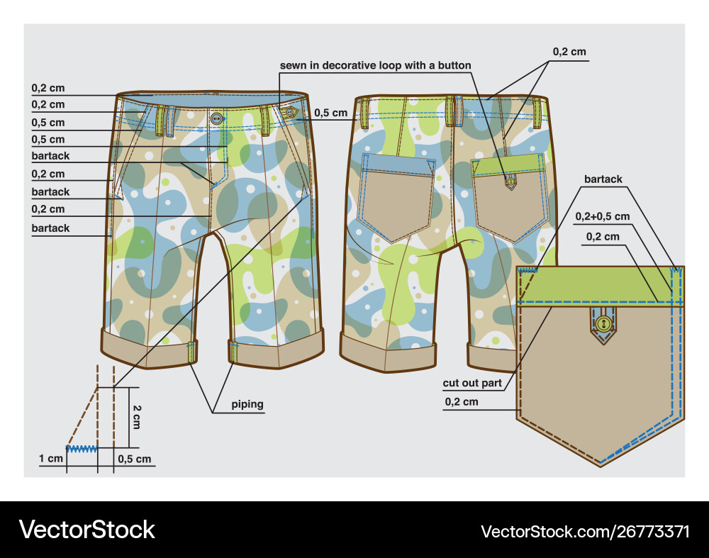 Tech sketch knee-length shorts with description Tech sketch knee-length shorts with description vector image