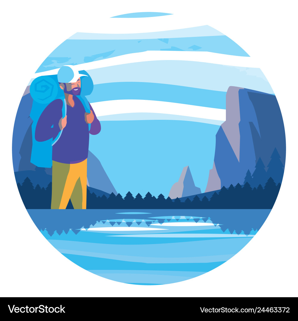 Abenteuerlicher Mann mit Reisetasche in der Schneelandschaft Abenteuerlicher Mann mit Reisetasche in der Schneelandschaft vektorbild
