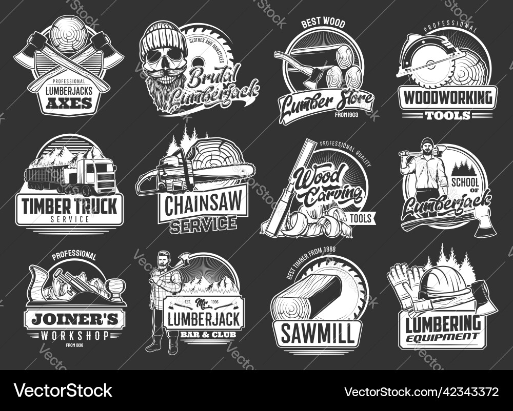 Lumberjack and lumbering industry retro icons Lumberjack and lumbering industry retro icons vector image