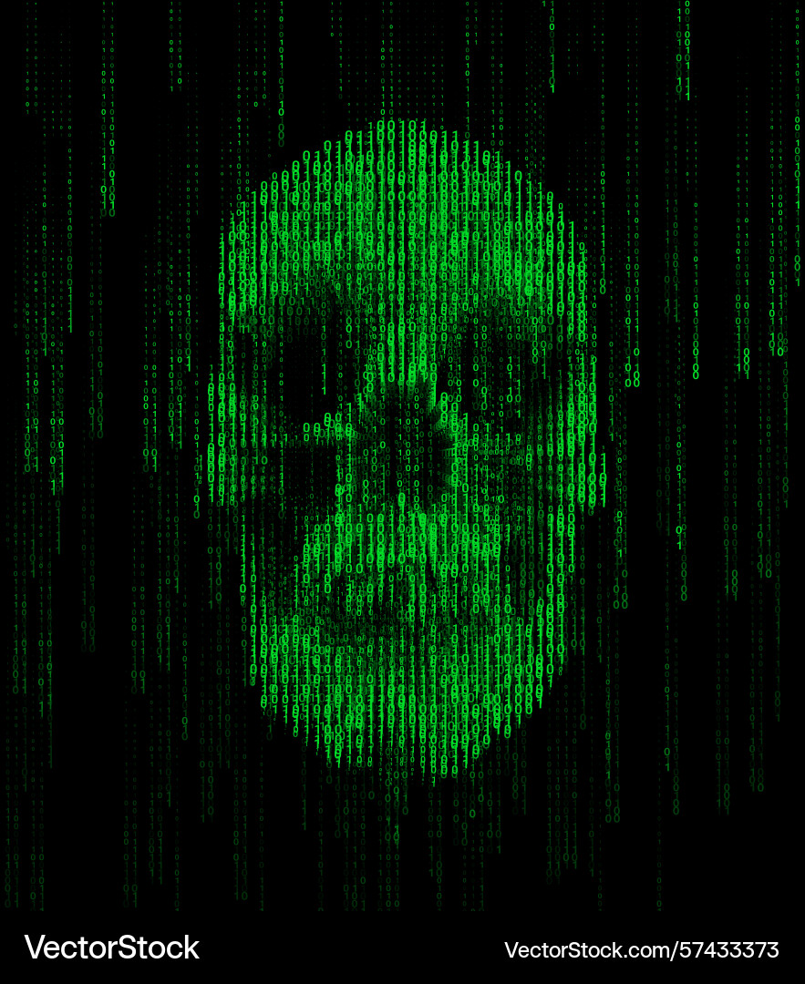 Digital skull composed of green binary code Digital skull composed of green binary code vector image