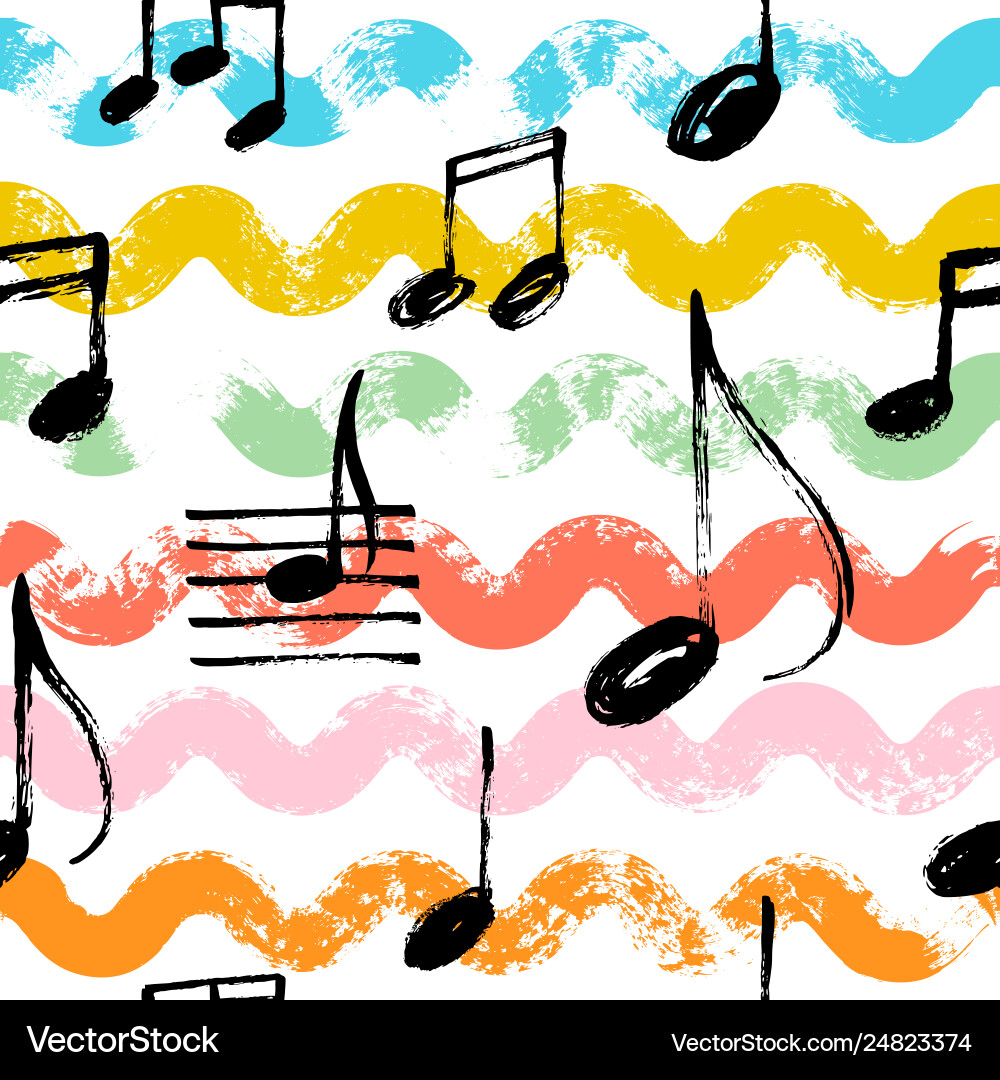 Music notes seamless pattern with waves Music notes seamless pattern with waves Vector Image
