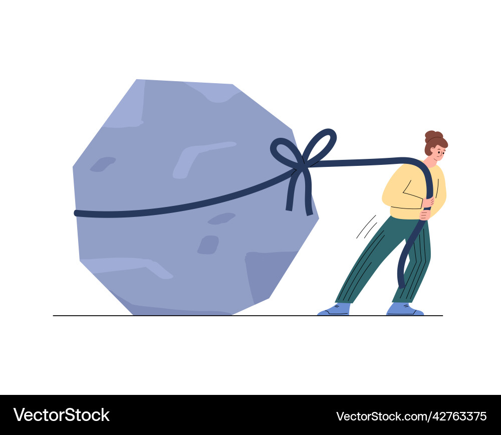 Man with an effort pulls large block on rope flat Man with an effort pulls large block on rope flat vector image