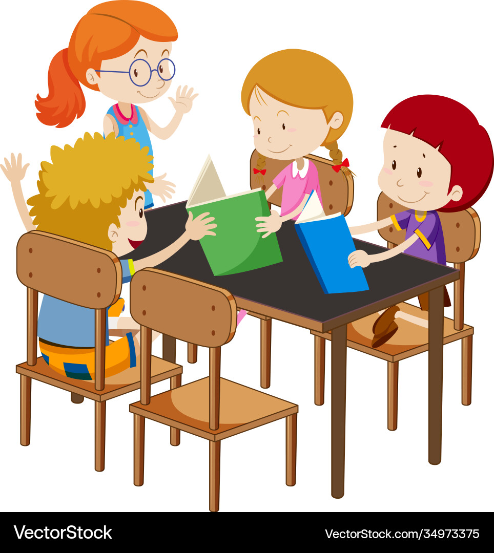 Students with classroom elements on white Students with classroom elements on white Vector Image