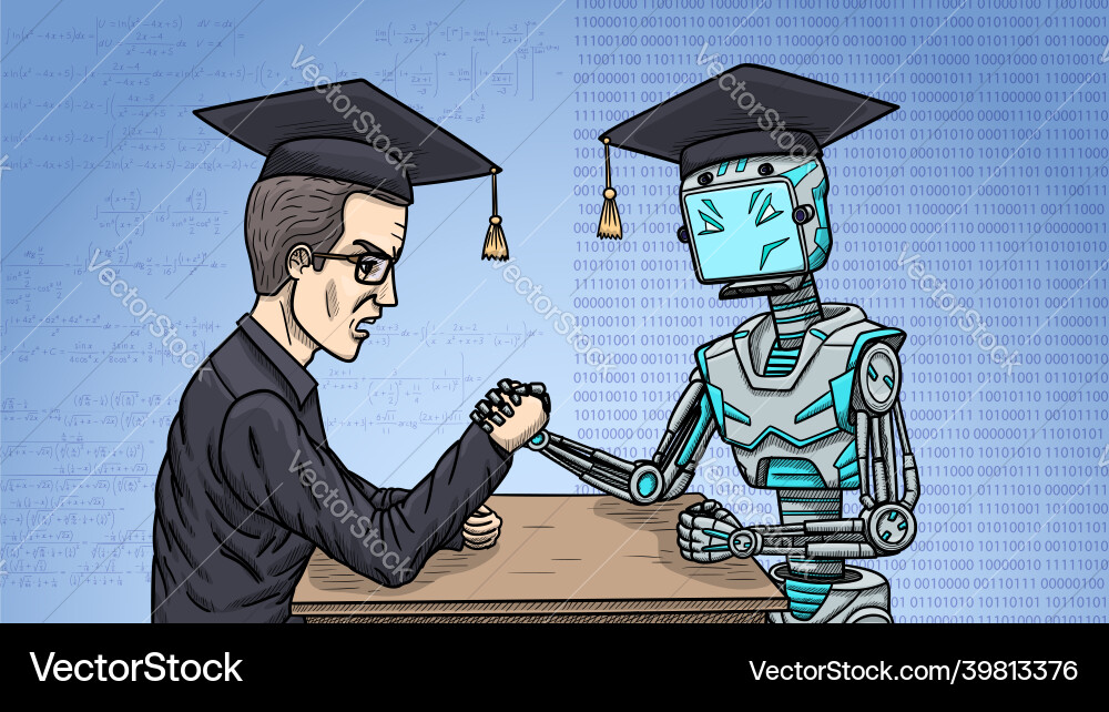 A mathematician competes with robot in solving A mathematician competes with robot in solving vector image