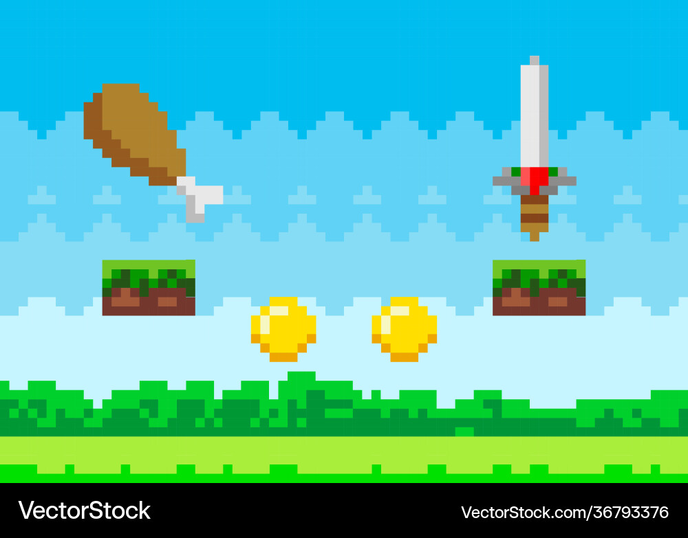 Pixel art game background with reward objects food Pixel art game background with reward objects food vector image