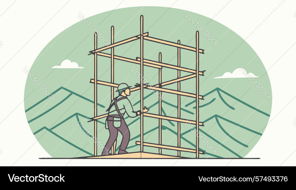 Teamwork on scaffolding for building project Vector Image