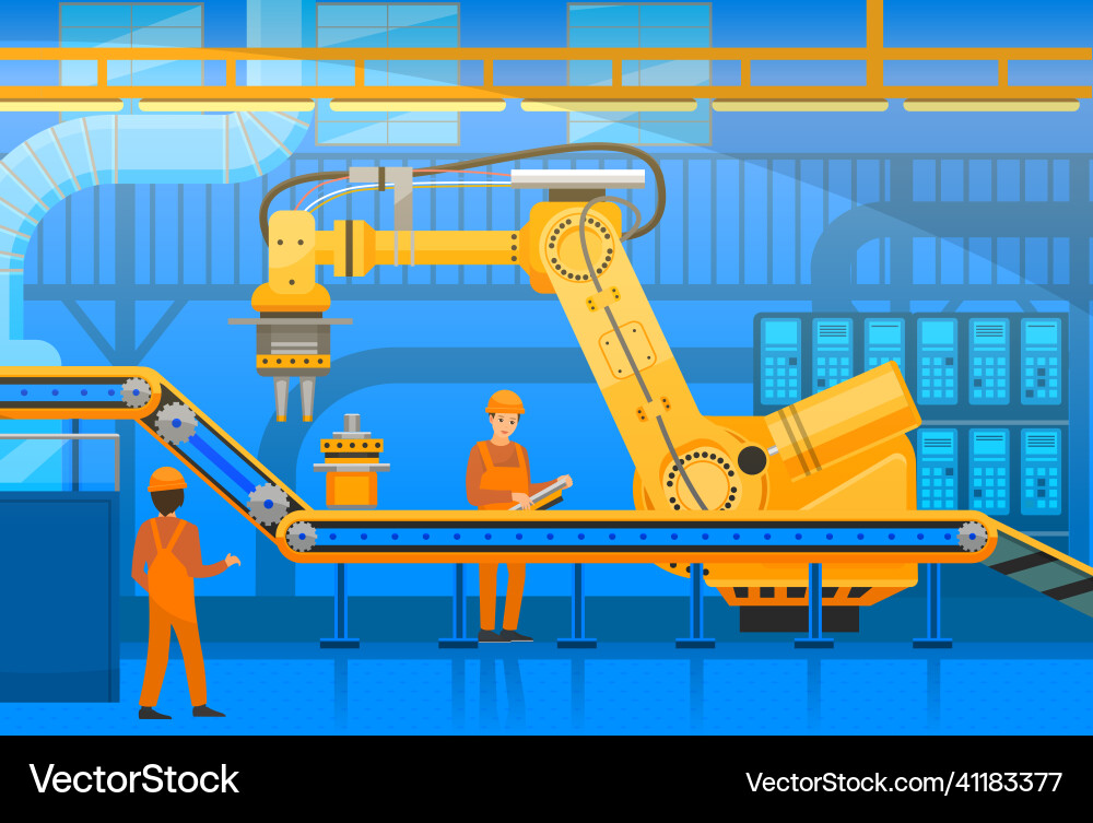 Automated robotic production line conveyor Automated robotic production line conveyor vector image