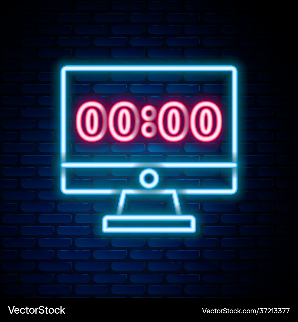 Glowing neon line clock on computer monitor screen Glowing neon line clock on computer monitor screen Vector Image