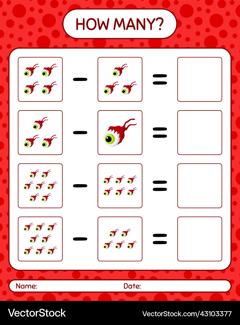 How many counting game with eyeball worksheet How many counting game with eyeball worksheet vector image