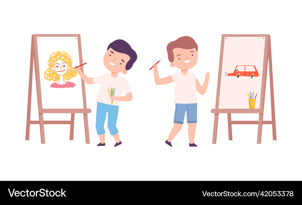 Cute boys painting with brush and paints on easel Cute boys painting with brush and paints on easel vector image