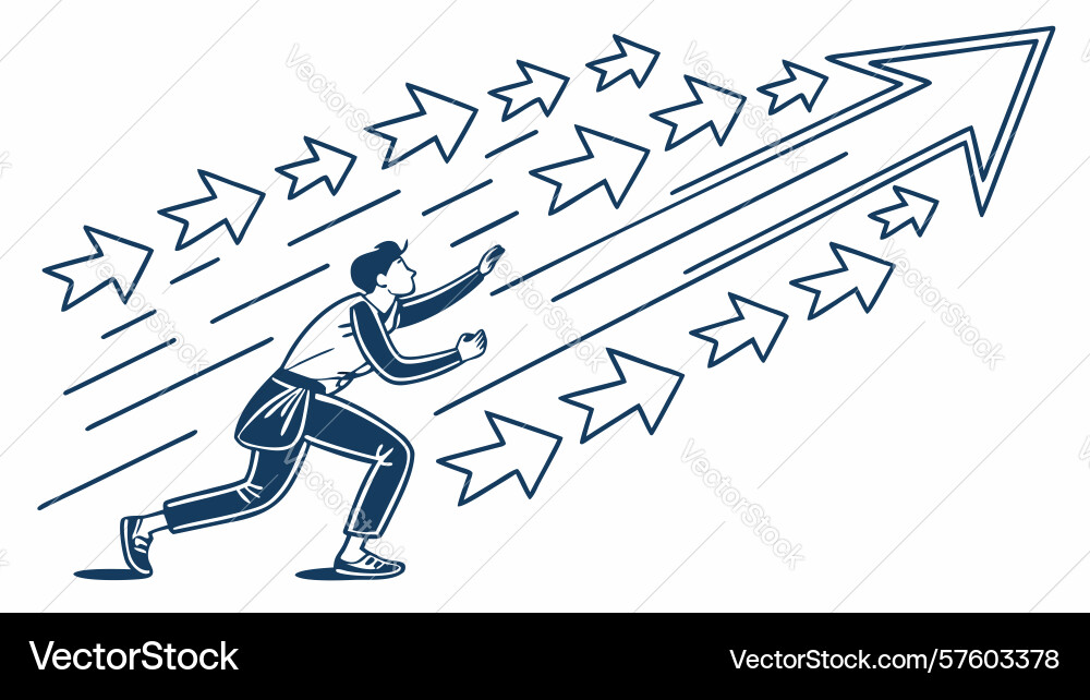 Determined runner ascending a dynamic arrow Vector Image