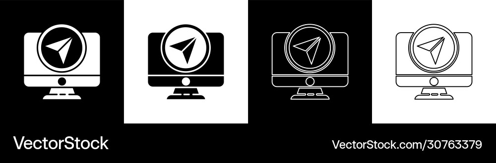 Set computer monitor and folded map with location Set computer monitor and folded map with location Vector Image