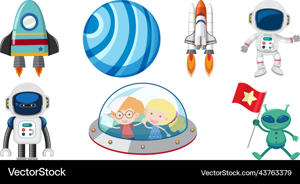 Set of space cartoon characters and objects Set of space cartoon characters and objects vector image