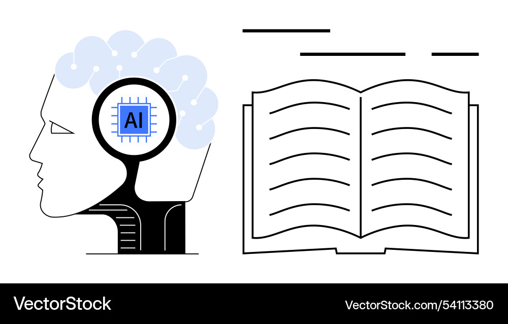 Human brain with ai circuitry next to an open book Human brain with ai circuitry next to an open book vector image