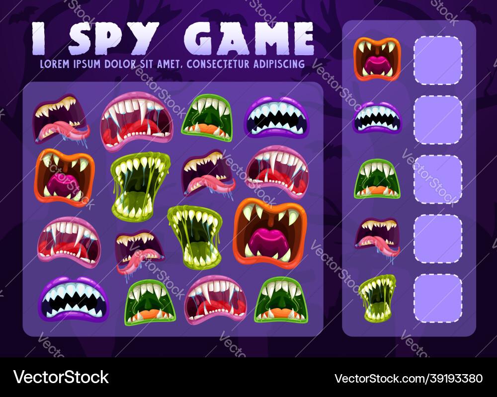 I spy educational game for kid with monster mouths I spy educational game for kid with monster mouths vector image