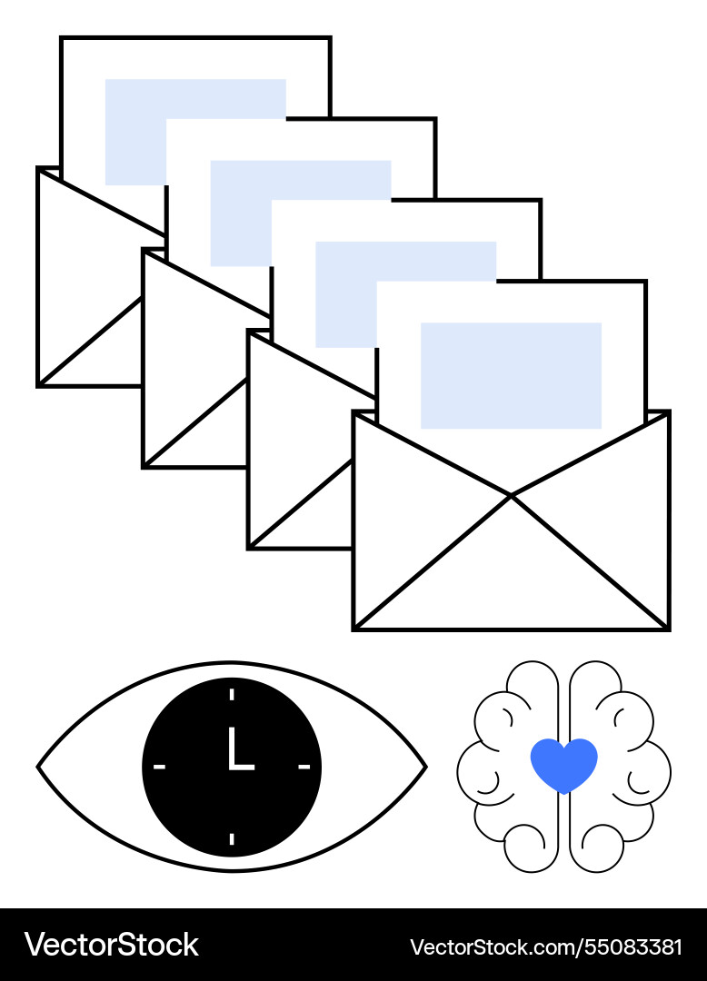 Multiple emails with clock eye and brain Multiple emails with clock eye and brain vector image