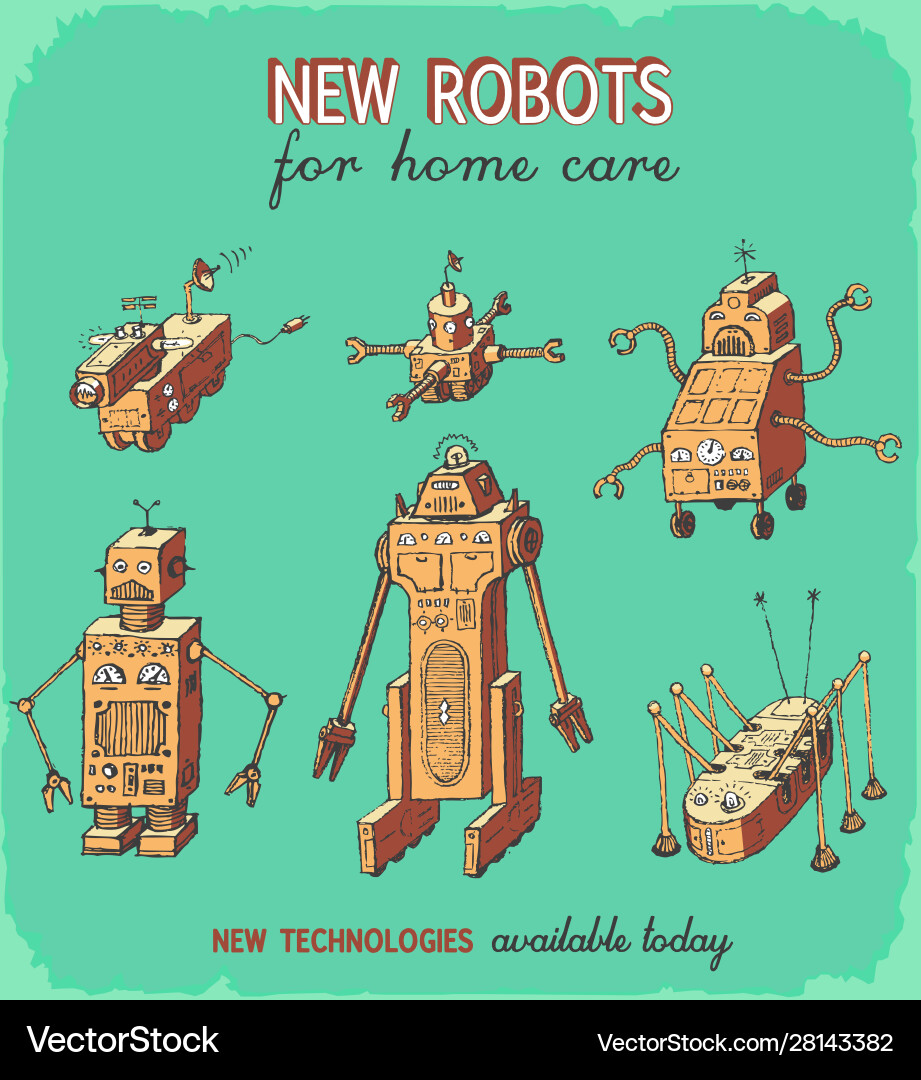 Retro robots hand drawing set animation vector image