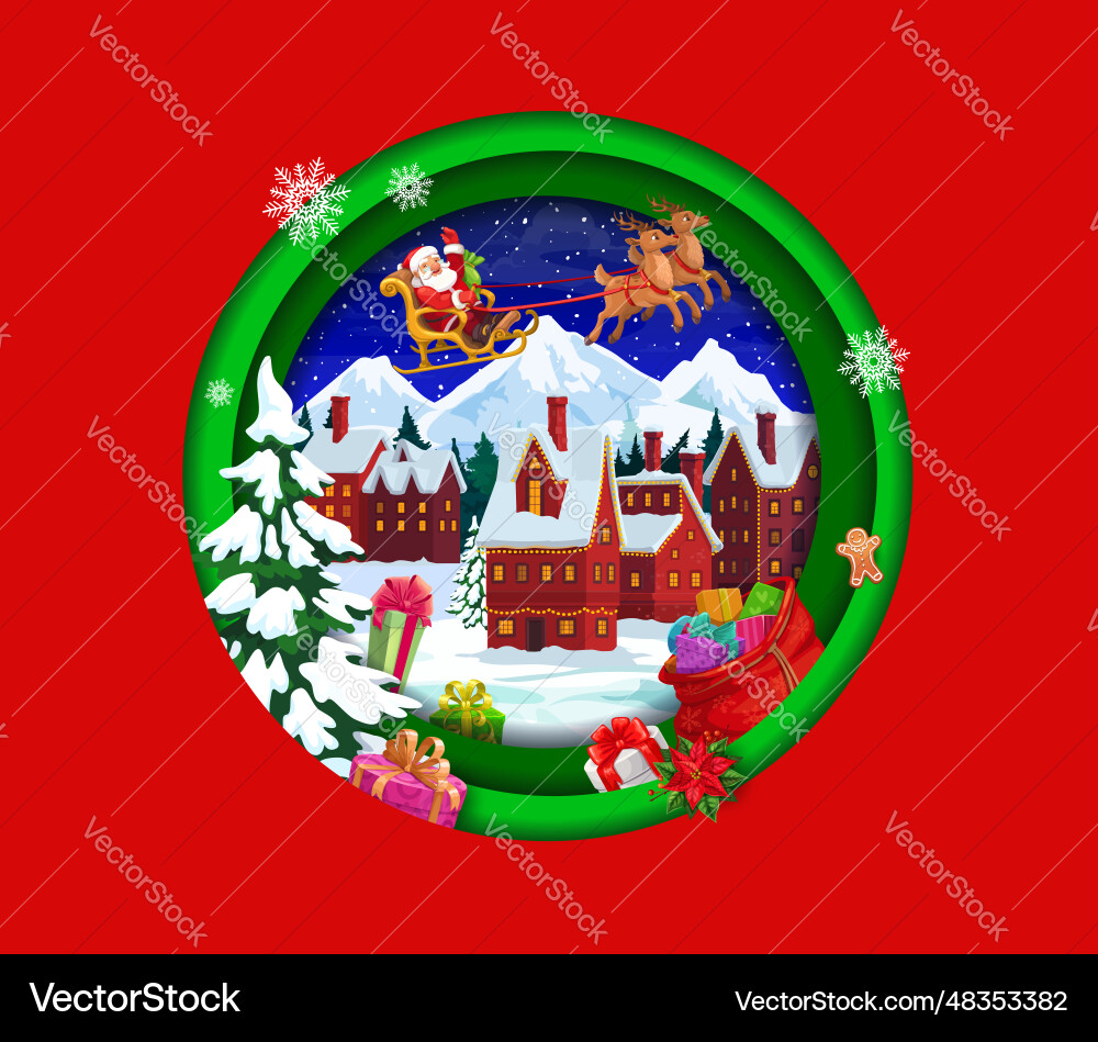Weihnachtspapier geschnittene Cartoon fliegen santa auf Schlitten Weihnachtspapier geschnittene Cartoon fliegen santa auf Schlitten vektorbild