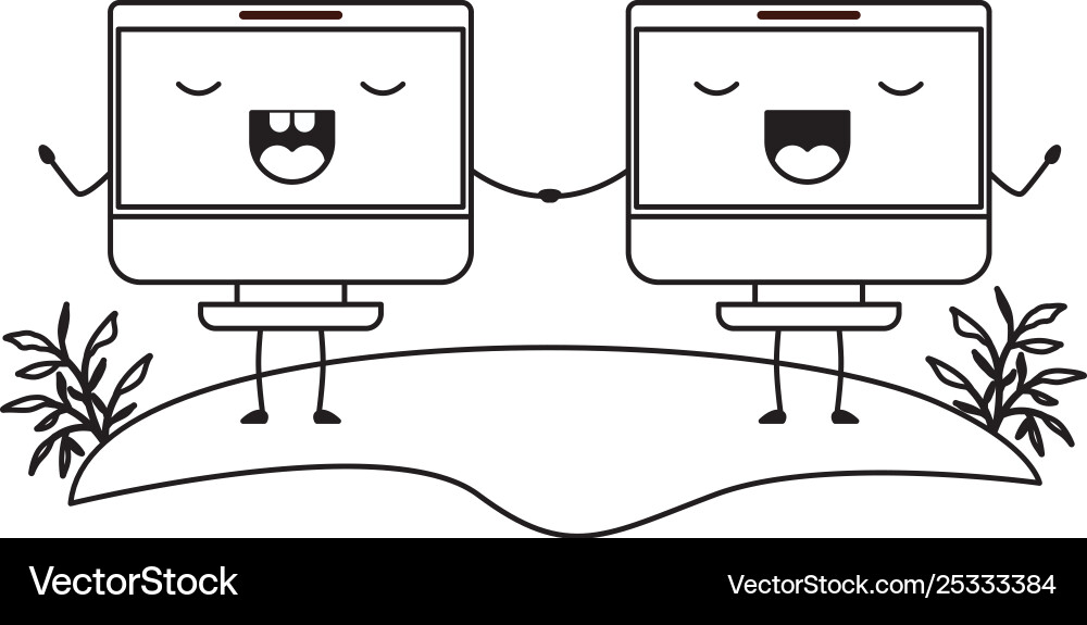 Computers display couple kawaii characters vector image