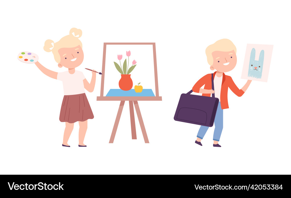 Cute kids artists painting with brush set cartoon Cute kids artists painting with brush set cartoon vector image