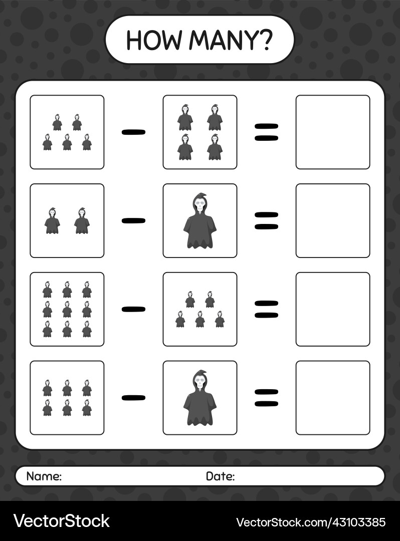 How many counting game with grim reaper worksheet How many counting game with grim reaper worksheet Vector Image