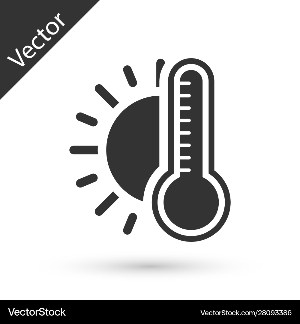Graues Thermometer mit Sonnensymbol isoliert auf weiß Graues Thermometer mit Sonnensymbol isoliert auf weiß Vektorbild