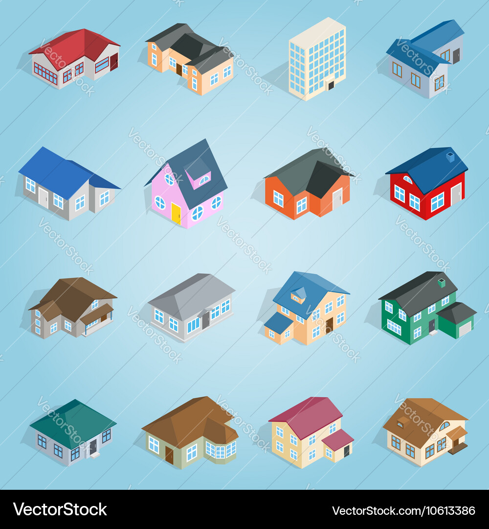 Stadthaus Hütte Set Icons isometric 3d style Vektorbild