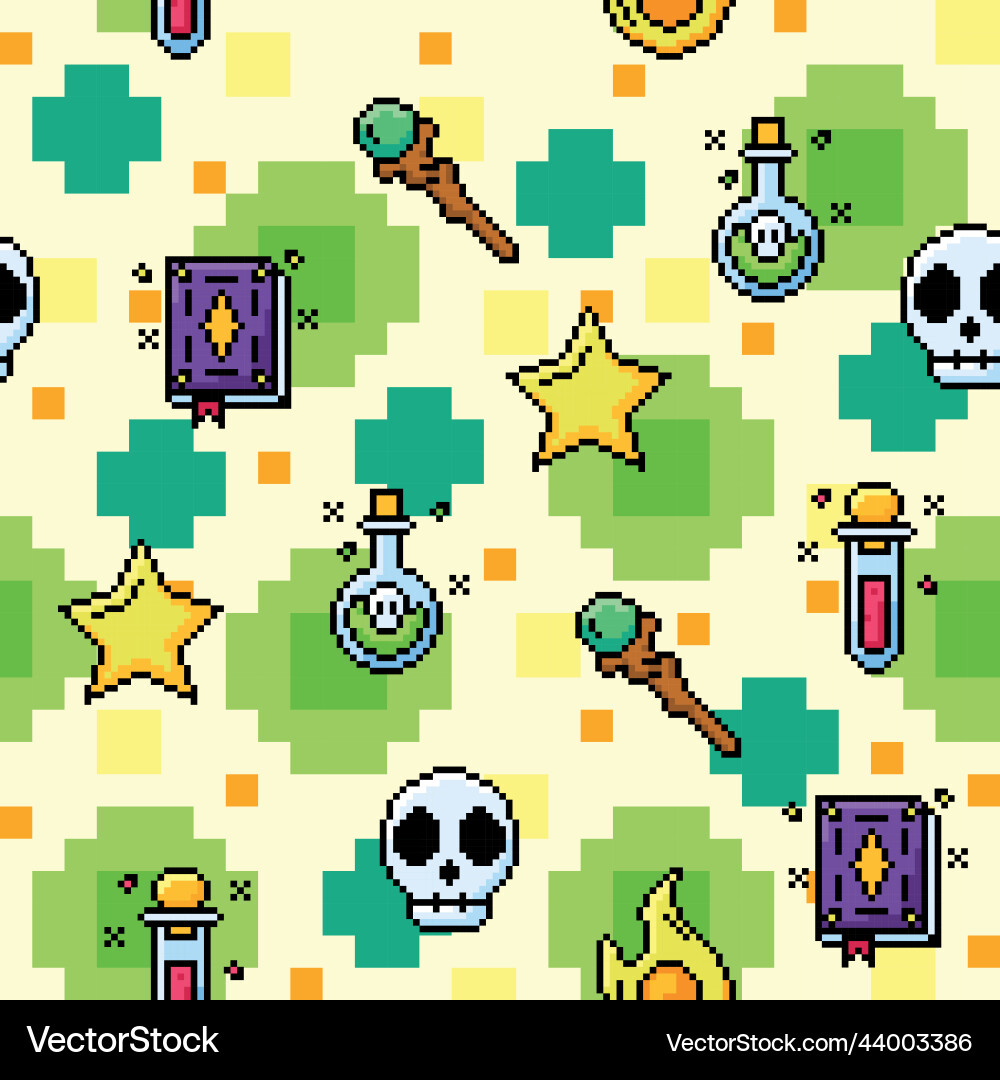 Videogame seamless pattern background with magic Videogame seamless pattern background with magic Vector Image