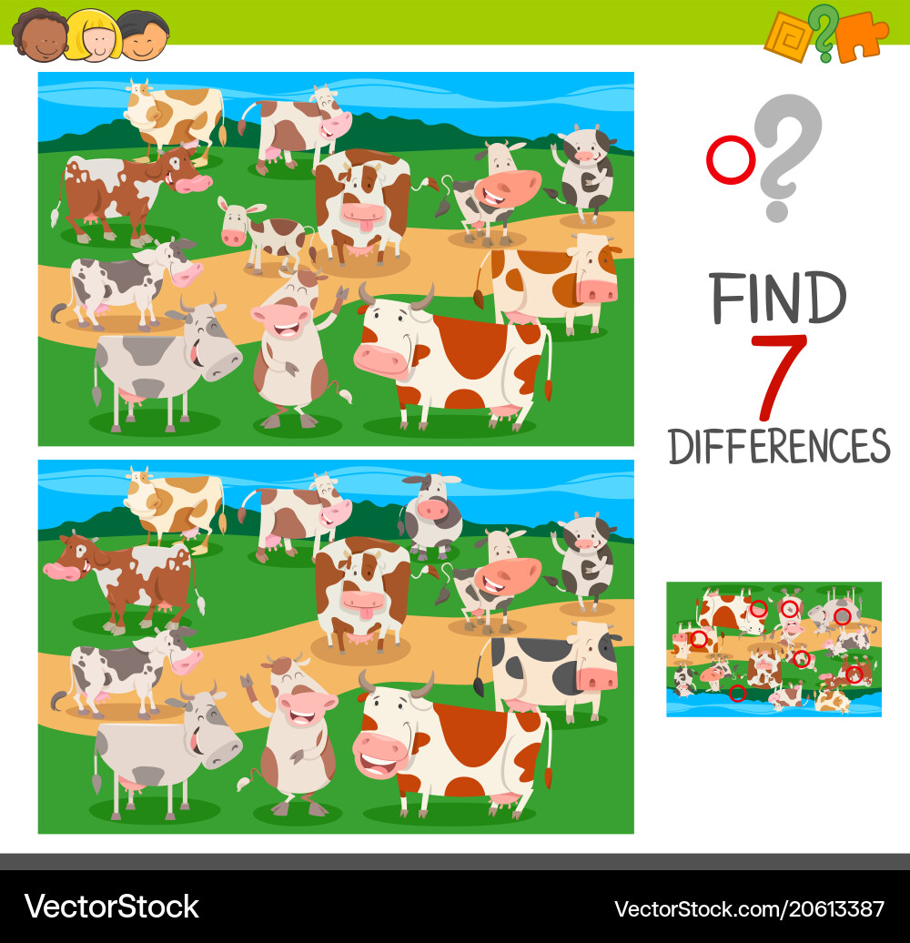 Find differences game with cows animal characters Find differences game with cows animal characters vector image