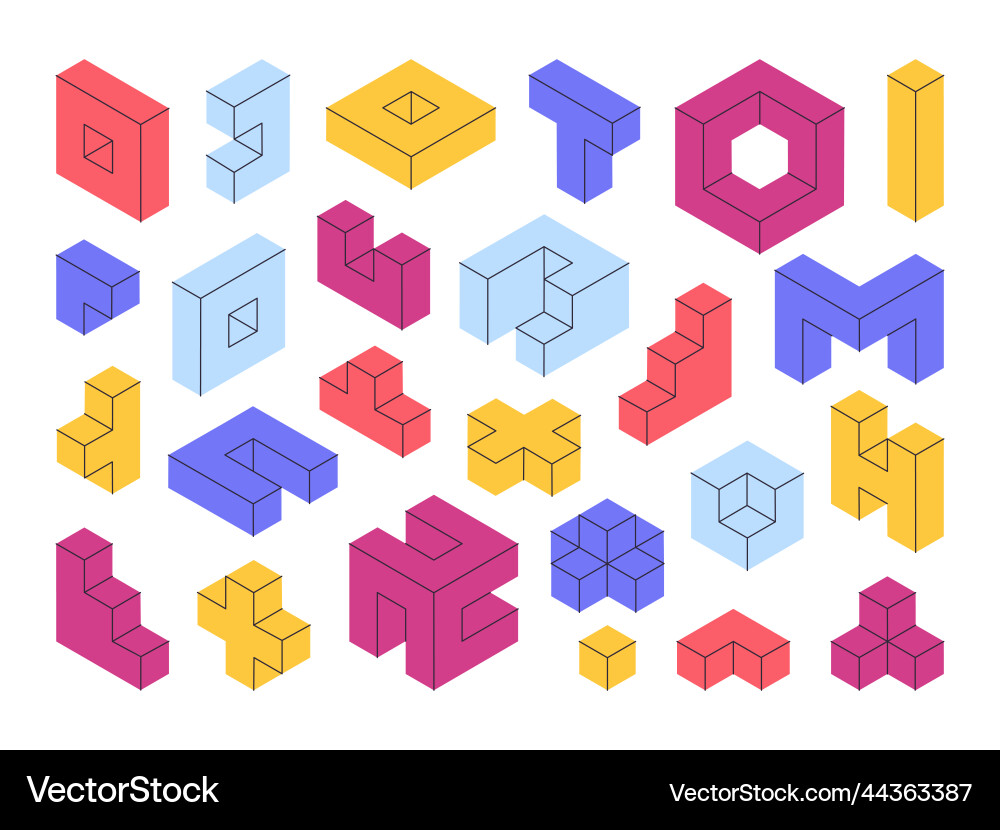 Isometric geometric shapes 3d blocks puzzle game Isometric geometric shapes 3d blocks puzzle game Vector Image