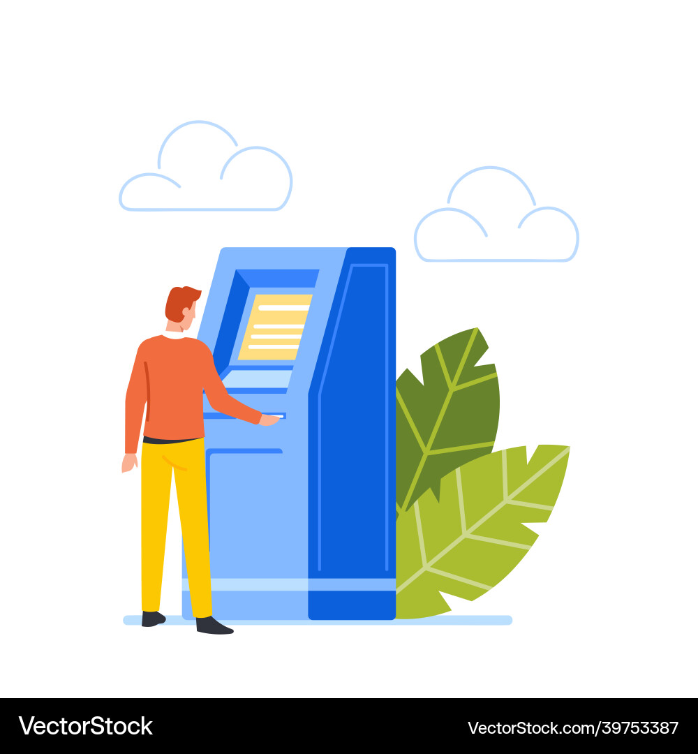 Man stand at automated teller machine insert Man stand at automated teller machine insert vector image