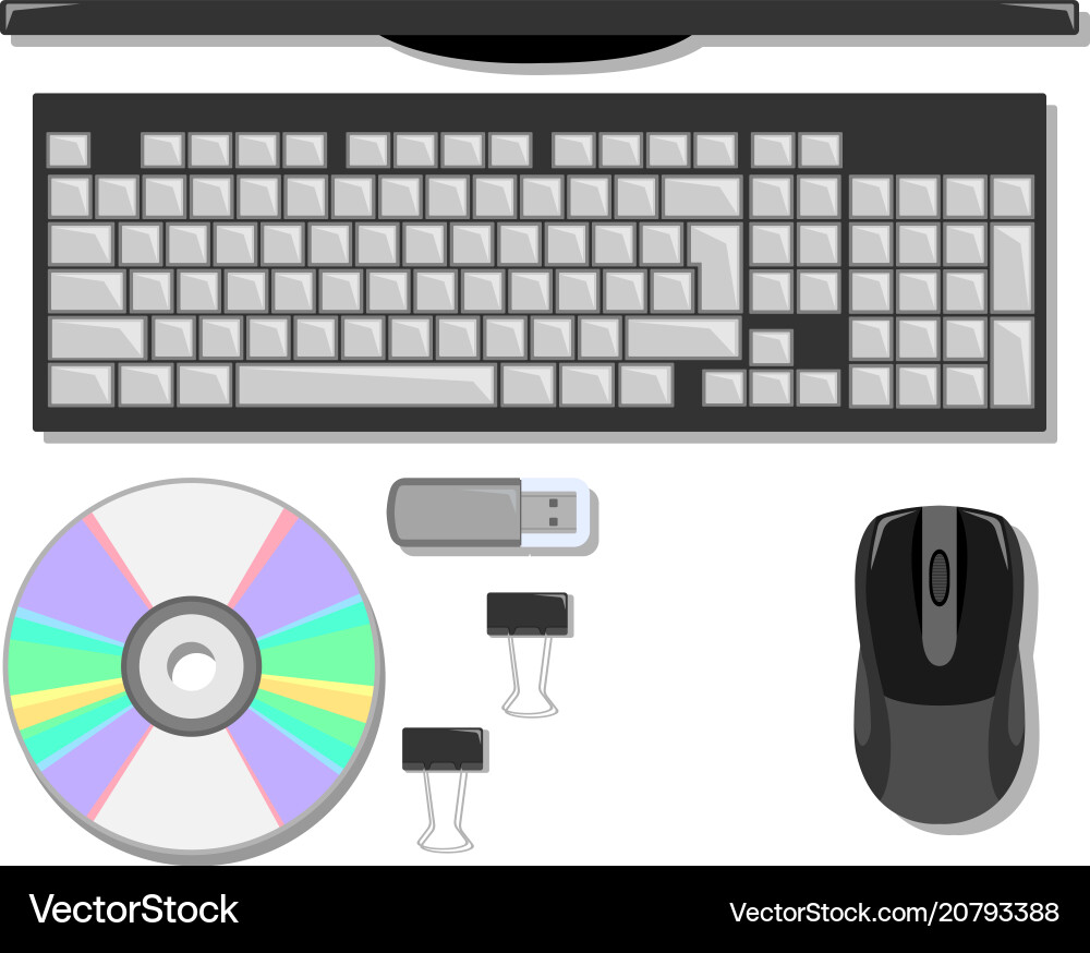 Flat set of stationery on the table with computer Flat set of stationery on the table with computer vector image