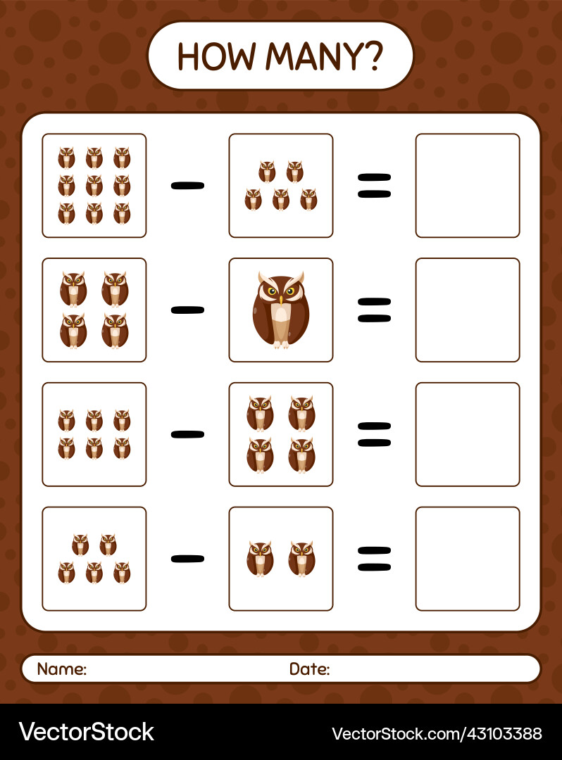 How many counting game with owl worksheet vector image