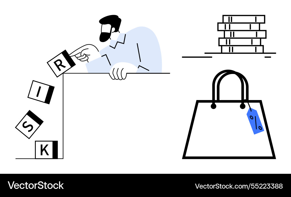 Man building word risk with blocks stack of books Man building word risk with blocks stack of books vector image