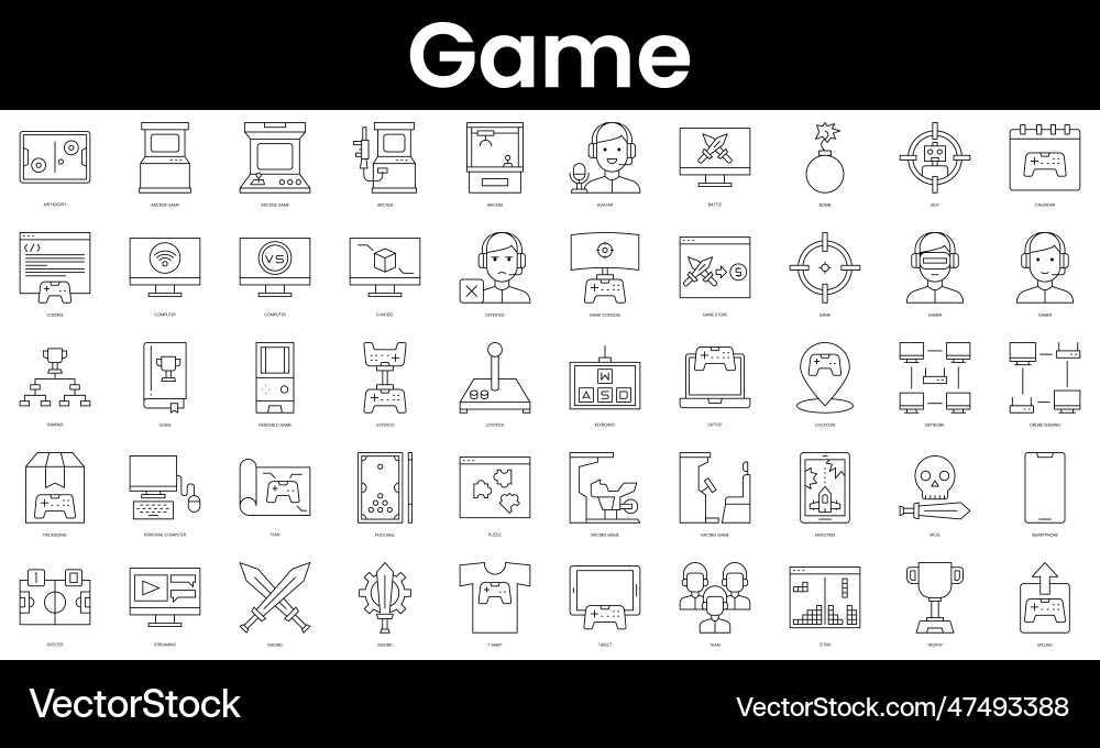 Set of outline game icons minimalist thin linear Set of outline game icons minimalist thin linear vector image