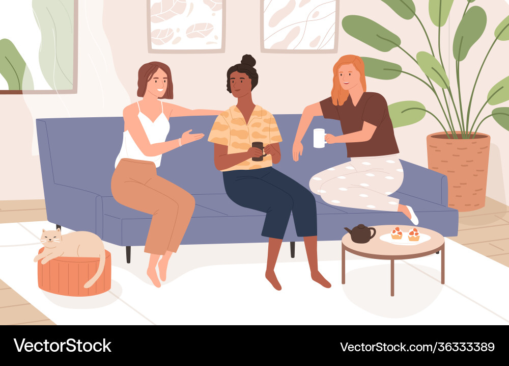 Female friends sitting on comfy sofa talking vector image