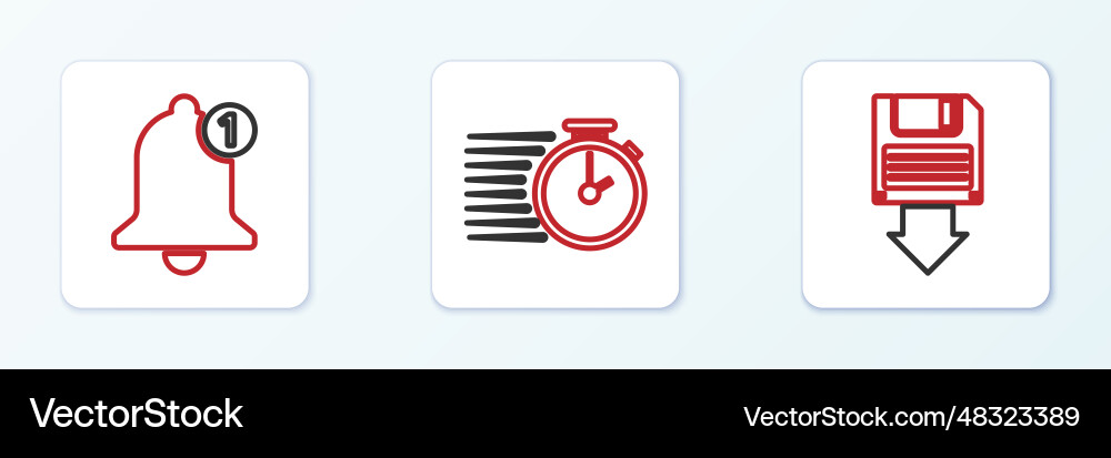 Set line floppy disk backup bell and stopwatch Vector Image