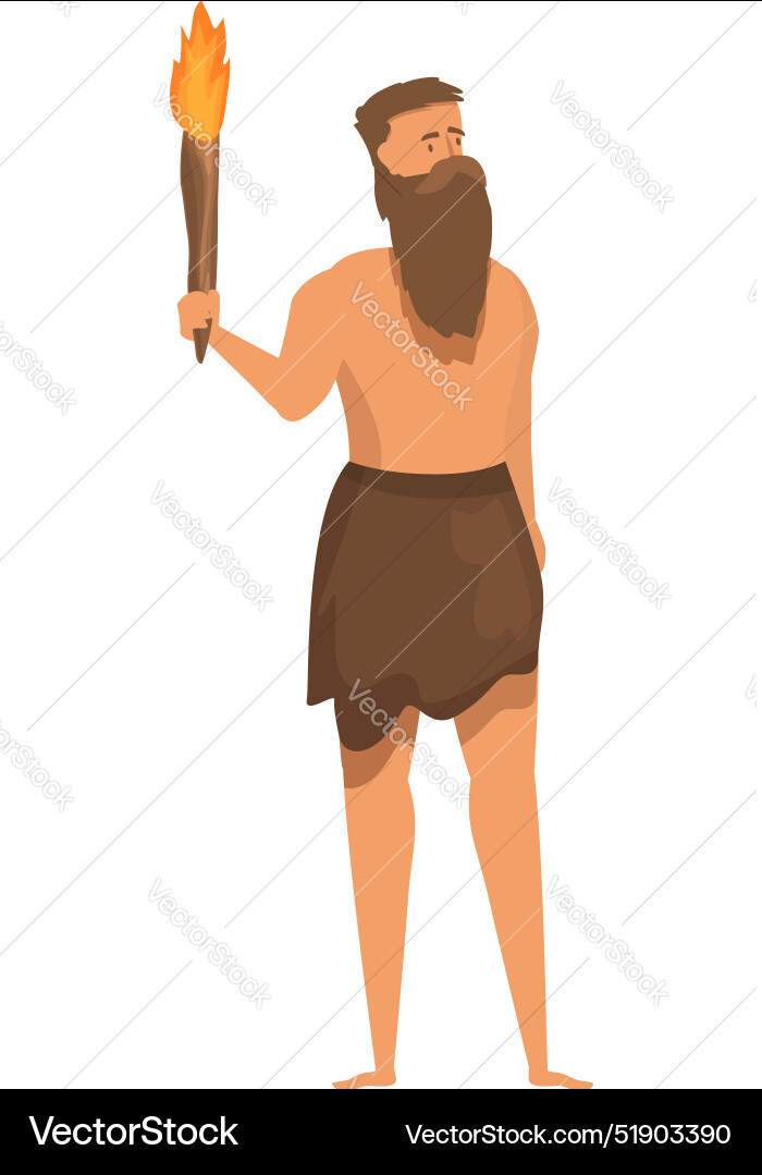 Primitive caveman holding torch exploring dark Primitive caveman holding torch exploring dark vector image
