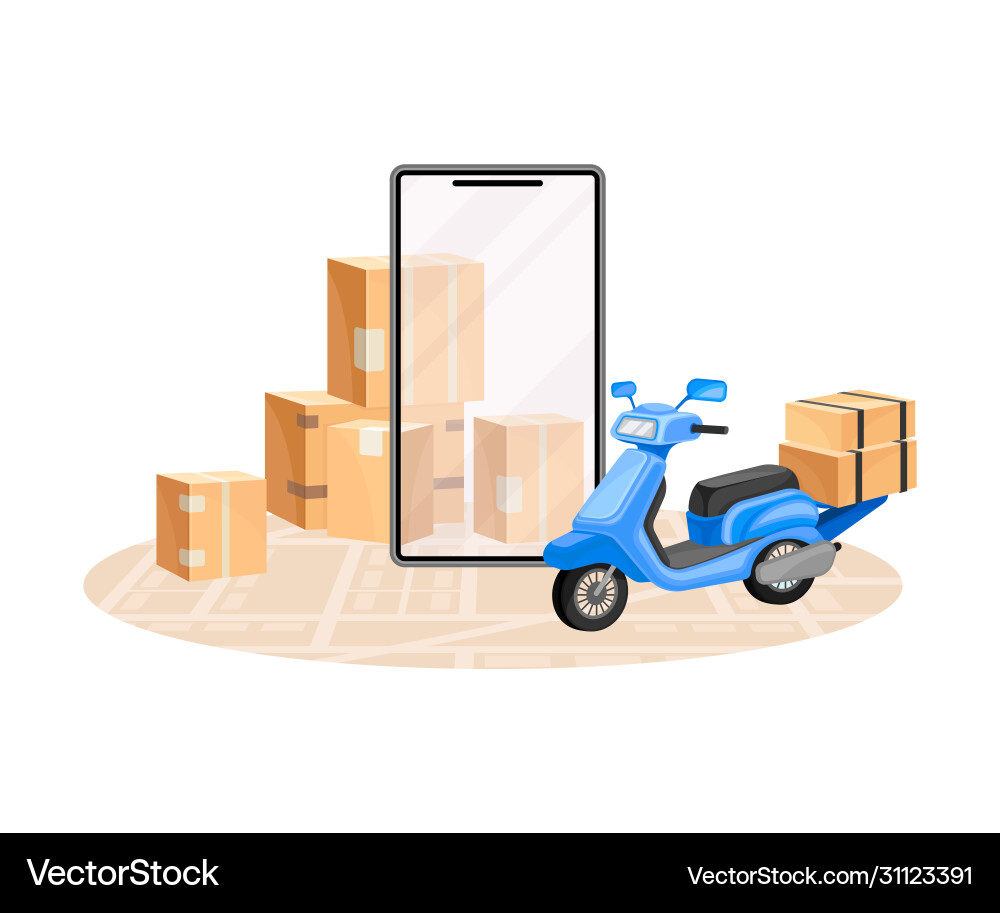 Cardboard boxes and scooter with map as navigation Cardboard boxes and scooter with map as navigation vector image