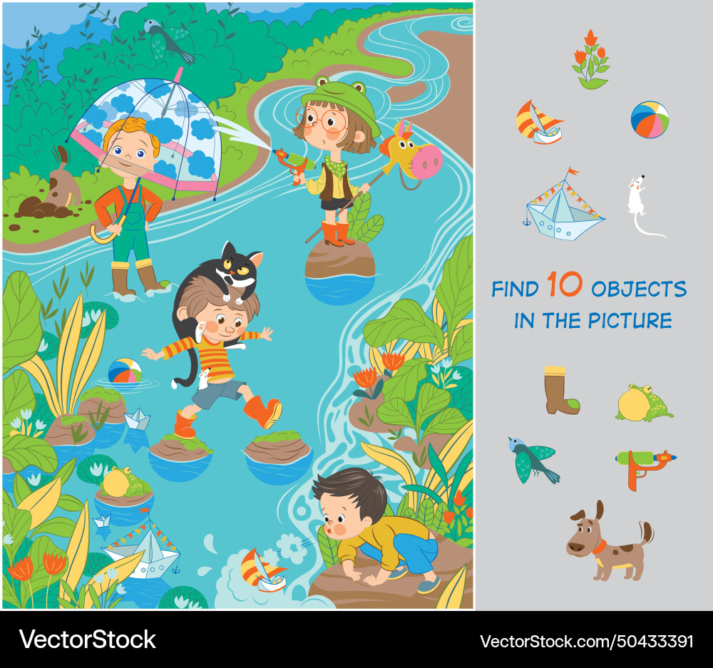 Children Playing by a Stream Vector Image