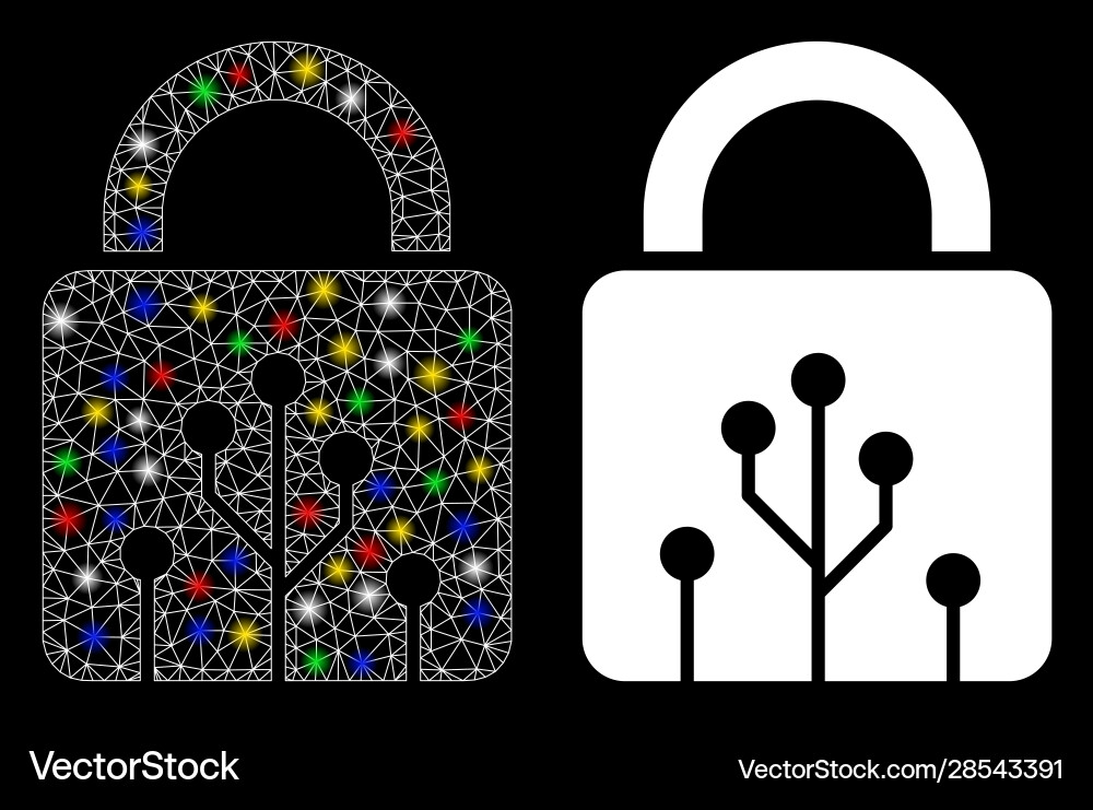 Flare mesh wire frame circuit lock icon with flash Flare mesh wire frame circuit lock icon with flash vector image