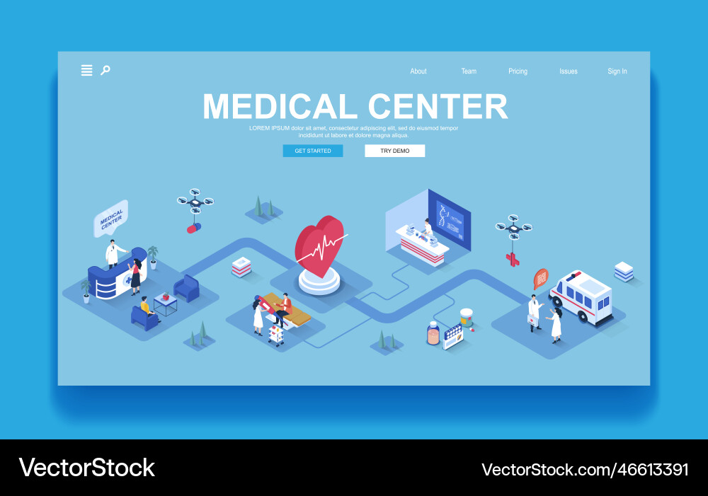 Medical center concept 3d isometric landing page vector image