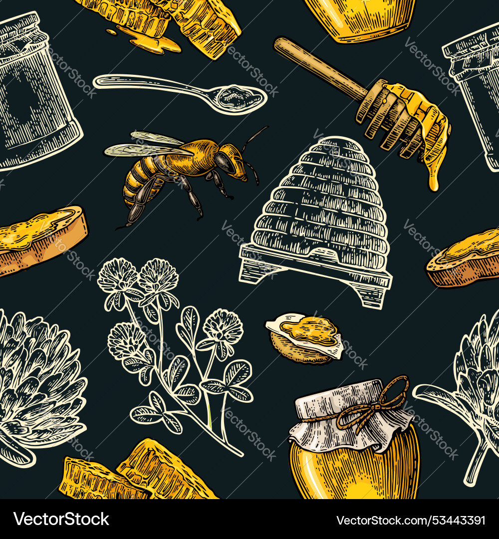 Seamless pattern with honey bee hive clover Seamless pattern with honey bee hive clover Vector Image