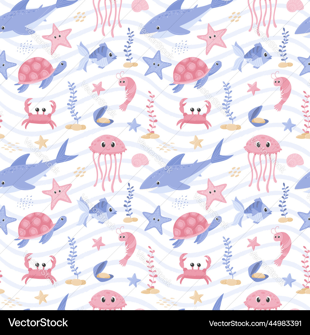 Seamless pattern with shark turtle fish crab Seamless pattern with shark turtle fish crab vector image