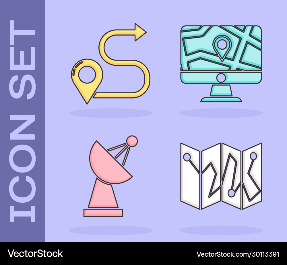 Set folded map with location marker route Set folded map with location marker route Vector Image