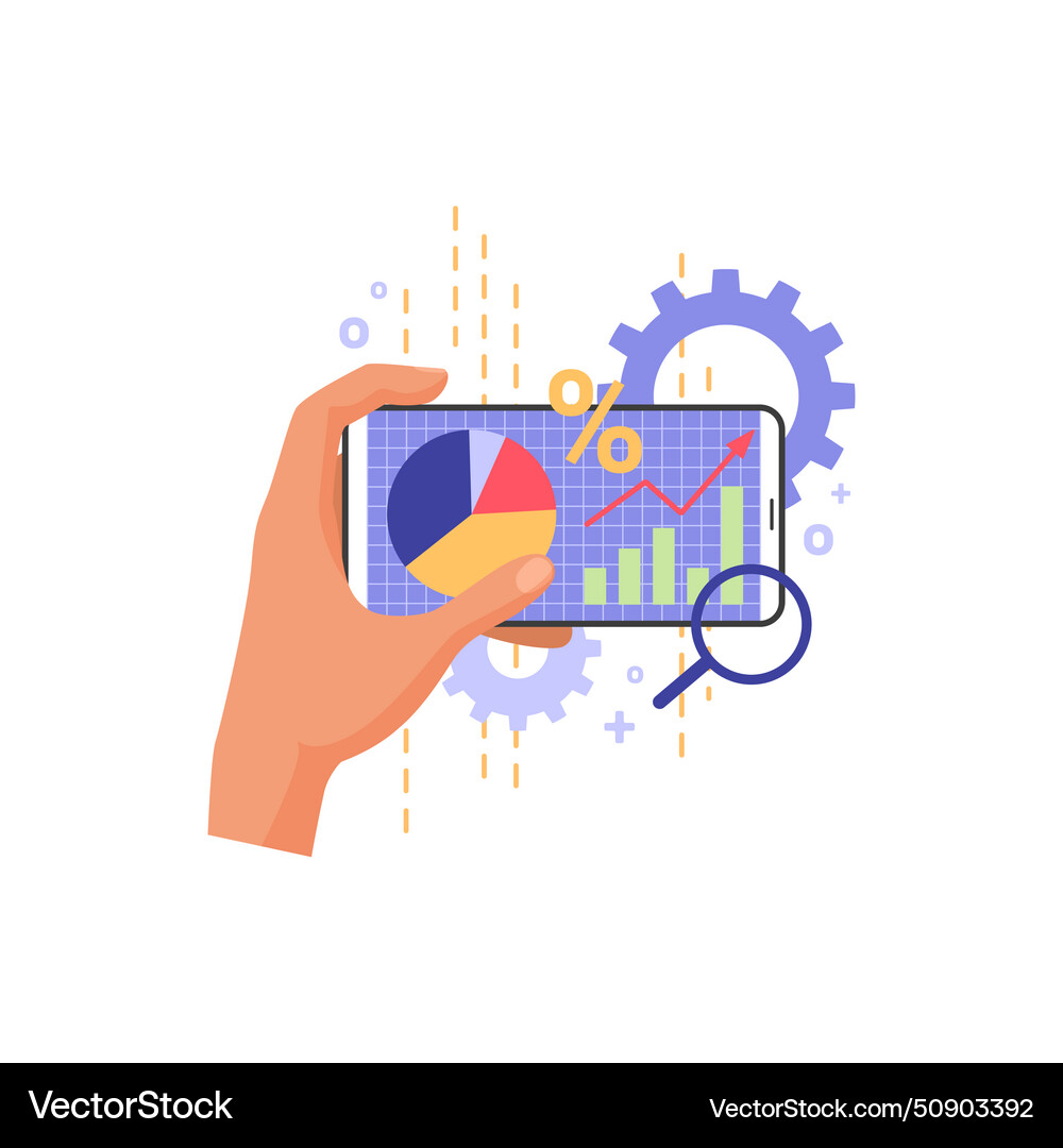 Hand holding mobile phone with data analysis pie Vector Image
