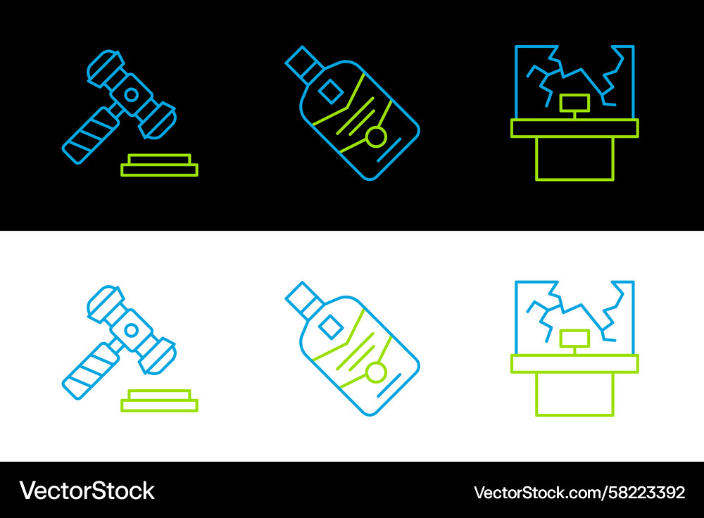 Set line broken window judge gavel and whiskey Vector Image
