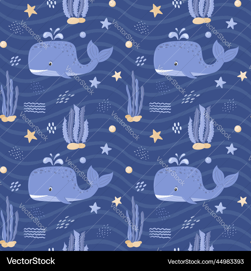 Seamless pattern with whale starfish and algae Seamless pattern with whale starfish and algae Vector Image