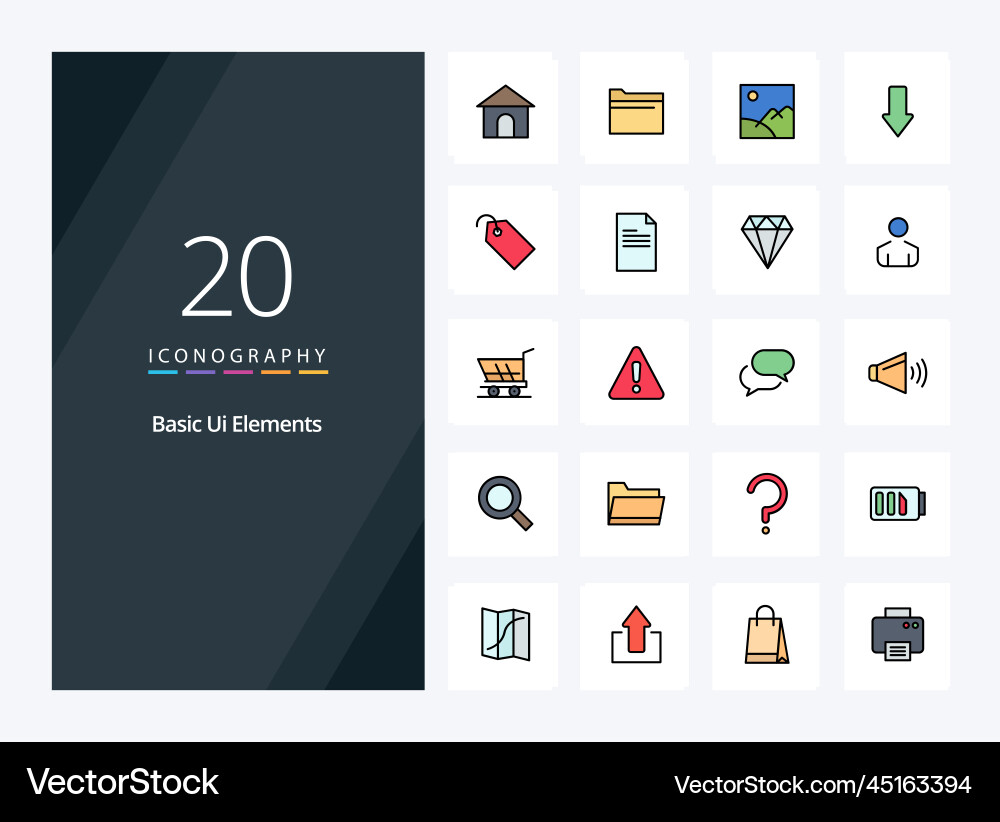 20 basic ui elements line filled icon vector image