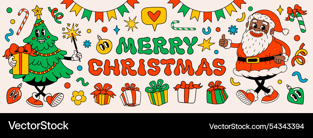 Groovy merry christmas stickers with santa claus Groovy merry christmas stickers with santa claus vector image